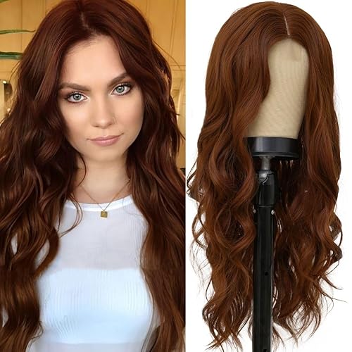 Siudus Peluca larga y ondulada de color castaño rojizo para mujer, fibra sintética, aspecto natural, parte media, cabello para Halloween, cosplay,