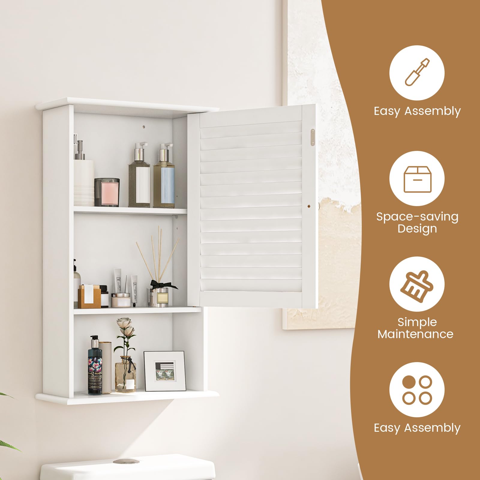 GIANTEX Armoire de Salle de Bain Murale avec Une Porte, 2 étagères réglables et Compartiment Ouvert, Armoire en Bois à 3 Niveaux, Meuble Polyvalent pour la Salle de Bain, Cuisine, entrée (Blanc)