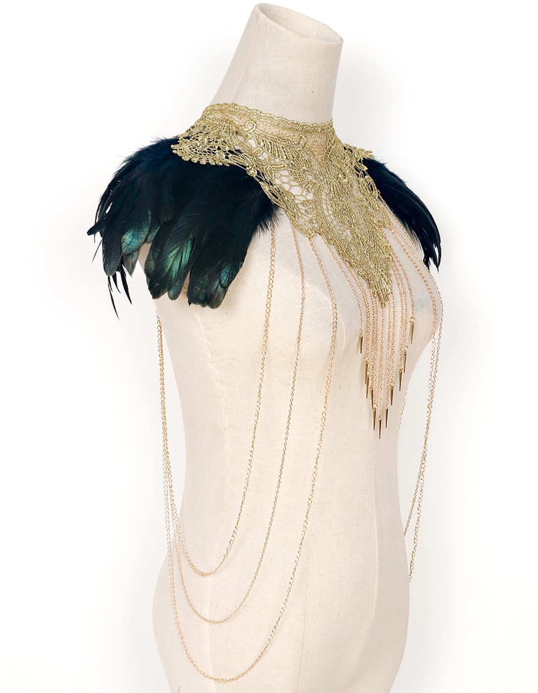 L'VOW Real Black Feather Harness Lace Collar Necklace Bib Halloween: Z-Brown-01