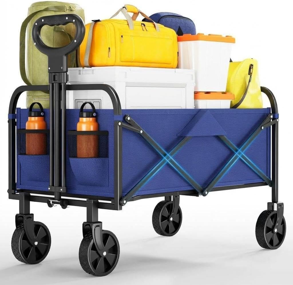 Aptliton 172kg Heavy Duty Folding Camping Trolley, 220L Collapsible Utility Wagon As Festival, Garden, Beach & Shopping Trolley on Wheels with All-Terrain Wheels, Side Pockets for Outdoor Picnic,Blue