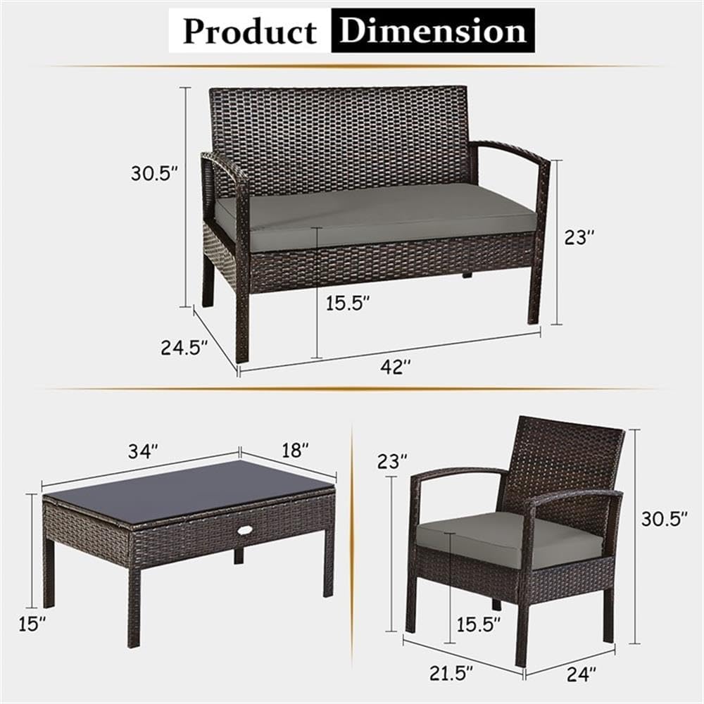Pemberly Row 4-Piece Patio Rattan Wicker Furniture Set, Brown, Steel Frame with PE Rattan, Cushioned Seats, Tempered Glass Coffee Table, Outdoor Sofa Set for Garden, Backyard, or Patio