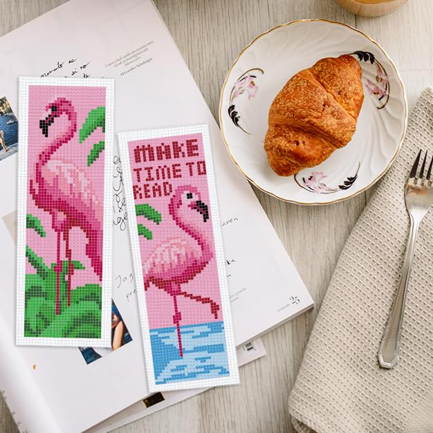 Image of INFUNLY 6PCS Flamingo Cross Stitch Bookmarks Kit Pink Handmade Cross Stitch Bookmarks Make Time to Read DIY Cross Stitch Bookmark Set with Backing Felt Floss Instruction for Adult Book Lovers