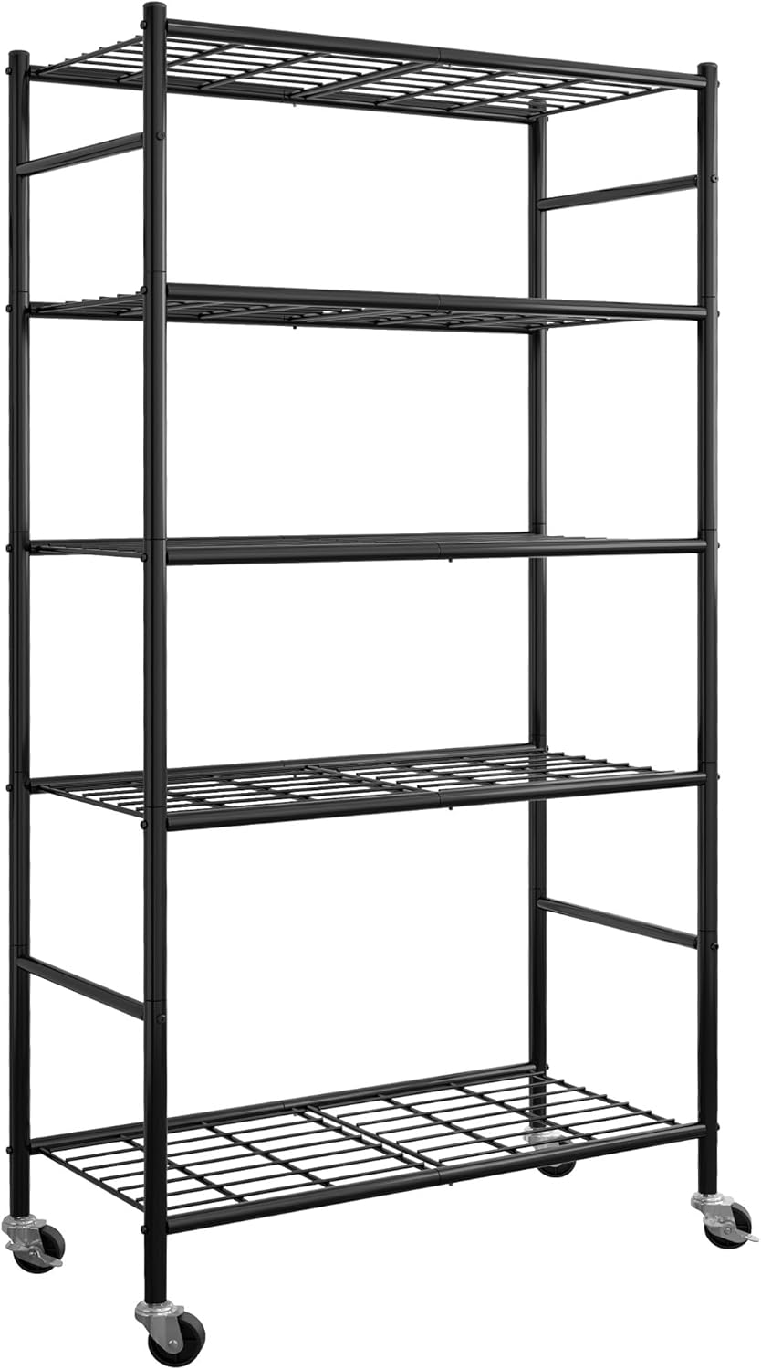 Storage Shelves Organizer - 5 Tier Metal Shelf Organizer with Metal Wheels and Adjustable Leveling Feet, Heavy Duty Garage Shelving for Kitchen, Pantry and Closet, 33.1"x12.6"x73.5", Black Black 33.1W x 12.6D x 73.5H(5T)