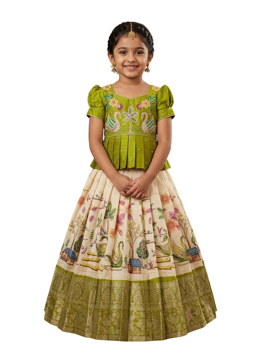 White Button Latest Girls' Ethnic Peplum Top and Jacquard Langa Voni type Lehenga Choli Set- Traditional Outfit