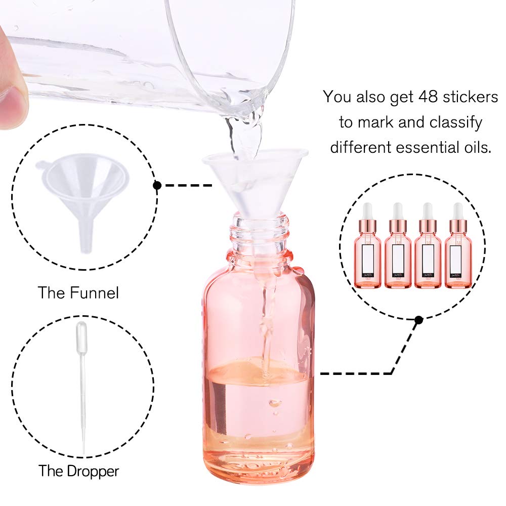 PrettyCare Flacone contagocce da 28,3 g (confezione da 24 flaconi in vetro rosa da 30 ml con pipette misurate, tappi dorati e 48 etichette, imbuto), flaconi vuoti per tintura di oli essenziali,