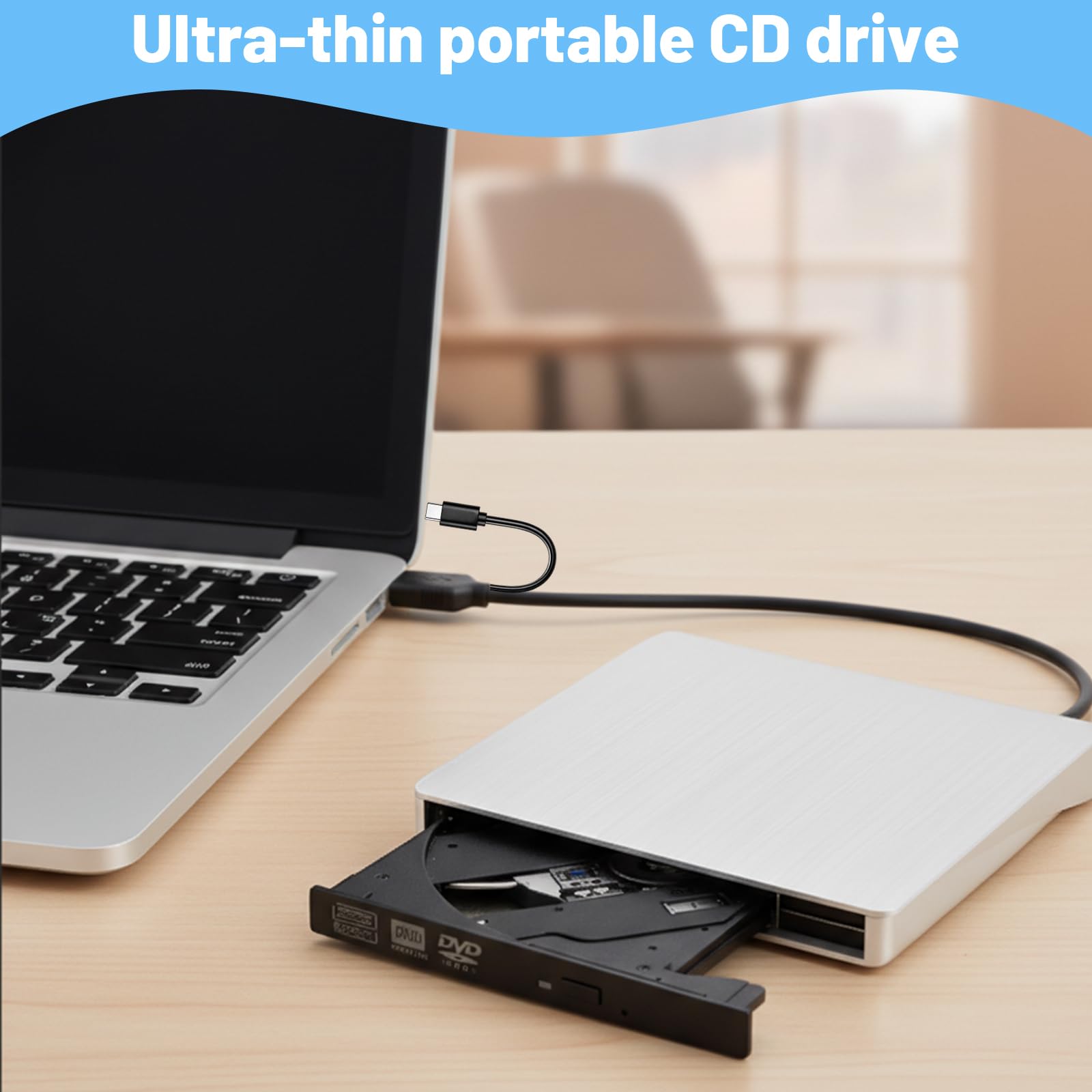 Mlifleue External DVD Drive for Laptop, Portable USB 3.0 Type-C CD Burner, High Speed CD Reader Rw Writer DVD Reader for Laptop, Desktop, Pc, Mac, Ios, Windows 11/10 / 8/7 / Xp/Linux/Vista — view 6