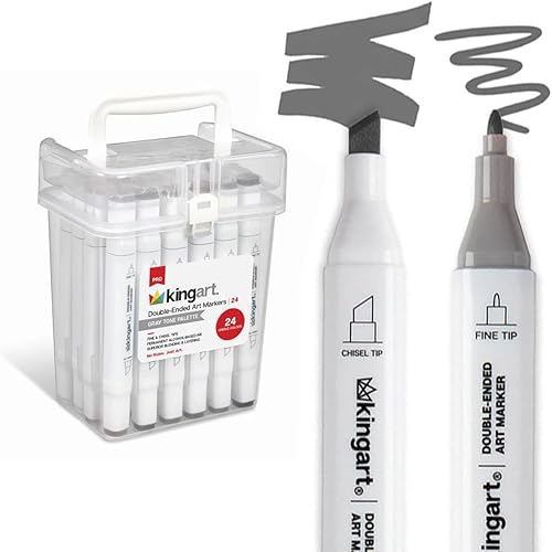 KINGART PRO - Marcadores de tinta con alcohol de doble punta, 24 colores de tono gris, punta fina y puntas de cincel, permanentes con capacidad de