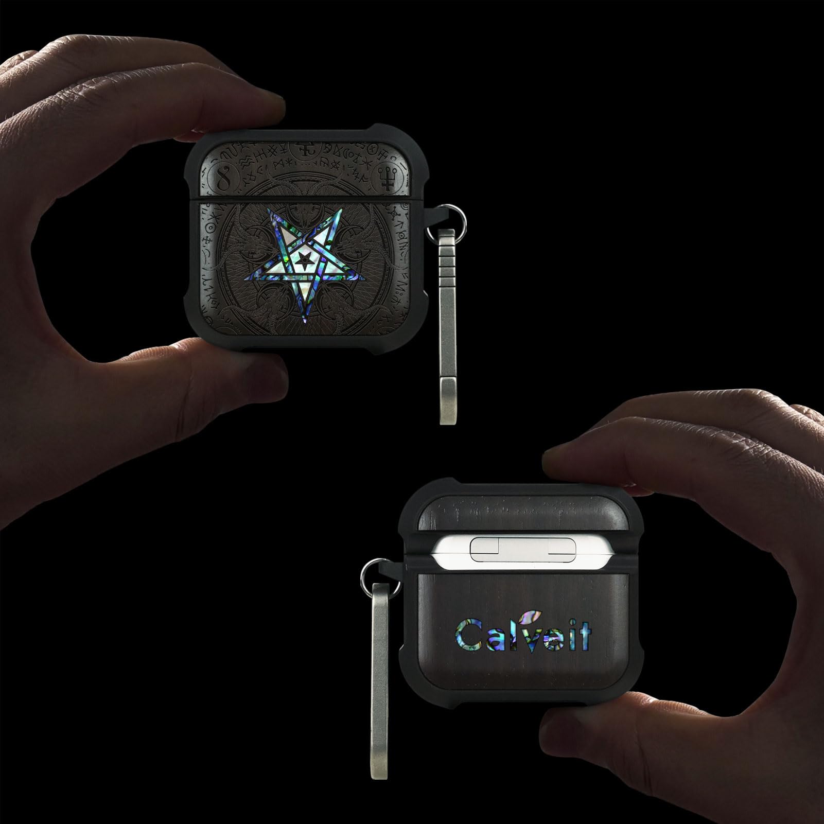 Carveit Odporne na uderzenia etui ochronne na słuchawki AirPods 4 Gen (2024), grawerunek drewna i muszla, kompatybilne z AirPods 4, tytanowe szybkie zapięcie (szept przepaści), ciemne drewno