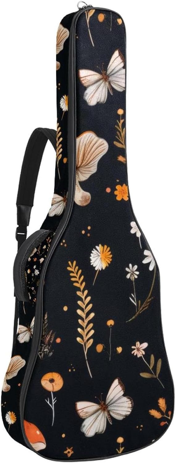 Acoustic Guitar Gig Bag 1 cm Thick Padding, Waterproof Electric Guitar Bag 40-42 Inch Guitar Case Backpack with Dual Shoulder Strap, Mushroom Butterflies Floral Aesthetic Pattern