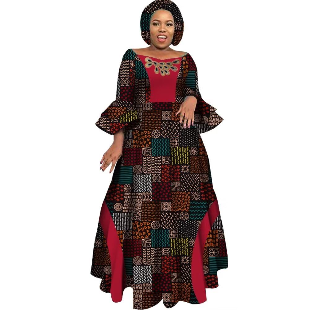 iooiooi Womens African Print Party Maxi Dress Ankara Long Dress &amp; Headwrap