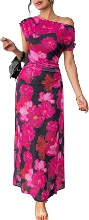 BLENCOT Womens Floral Off Shoulder Wedding Guest Dress Party Gown | Elegant Mesh Bodycon Maxi Dress,Short Sleeve Ruched Waist Slimming Fitted Summer Fall Dress for Cocktail Party,Date Night