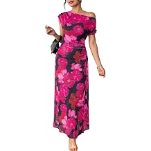BLENCOT Womens Floral Off Shoulder Maxi Dress Ruched Bodycon Summer Wedding Guest Party Gown
