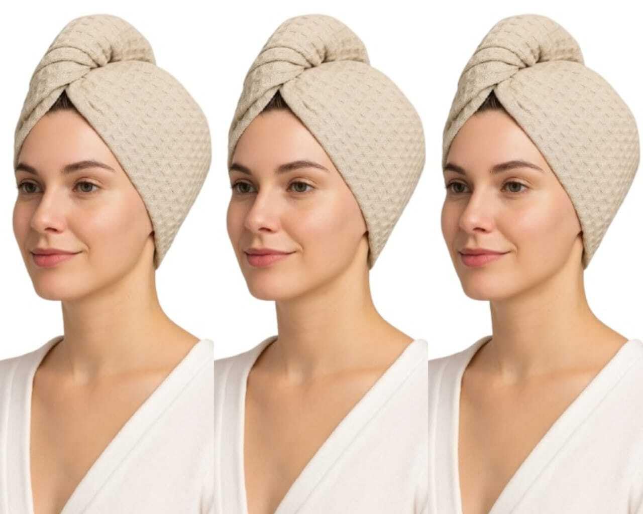 Women 3 Pack 100% Cotton Waffle Turbie Towel, Super Absorbent & Quick Drying Lightweight Turban with Button Up Anti-Frizz Toweling Cap Soft Twist Dry Hat for Long, Curly & Thick Hair 66X25cm, Beige