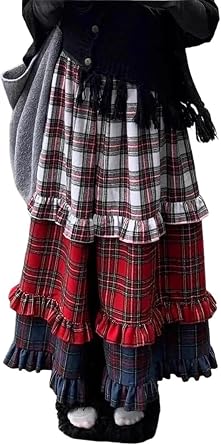 Vintage Y2K Plaid Skirts for Women Preppy Cute Long Patchwork Skirt Cottagecore Fairy Grunge Tiered Ruffle Maxi Skirt