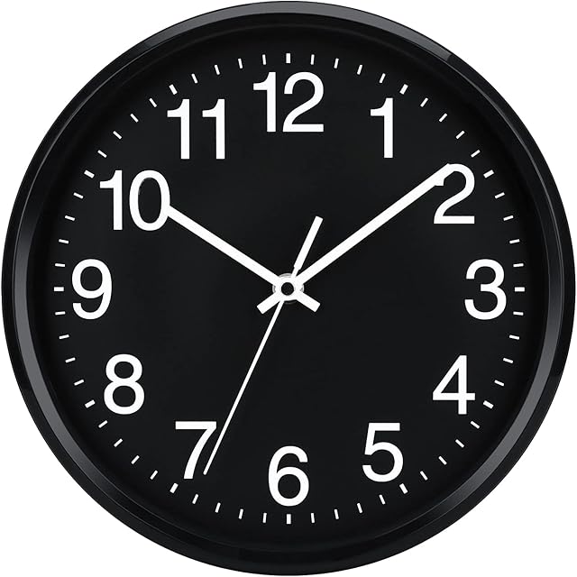 Plumeet Wall Clock, 10" Non Ticking Silent Quartz Black Wall Clocks, Battery Operated, Decorative Home Office School Clock (Black)