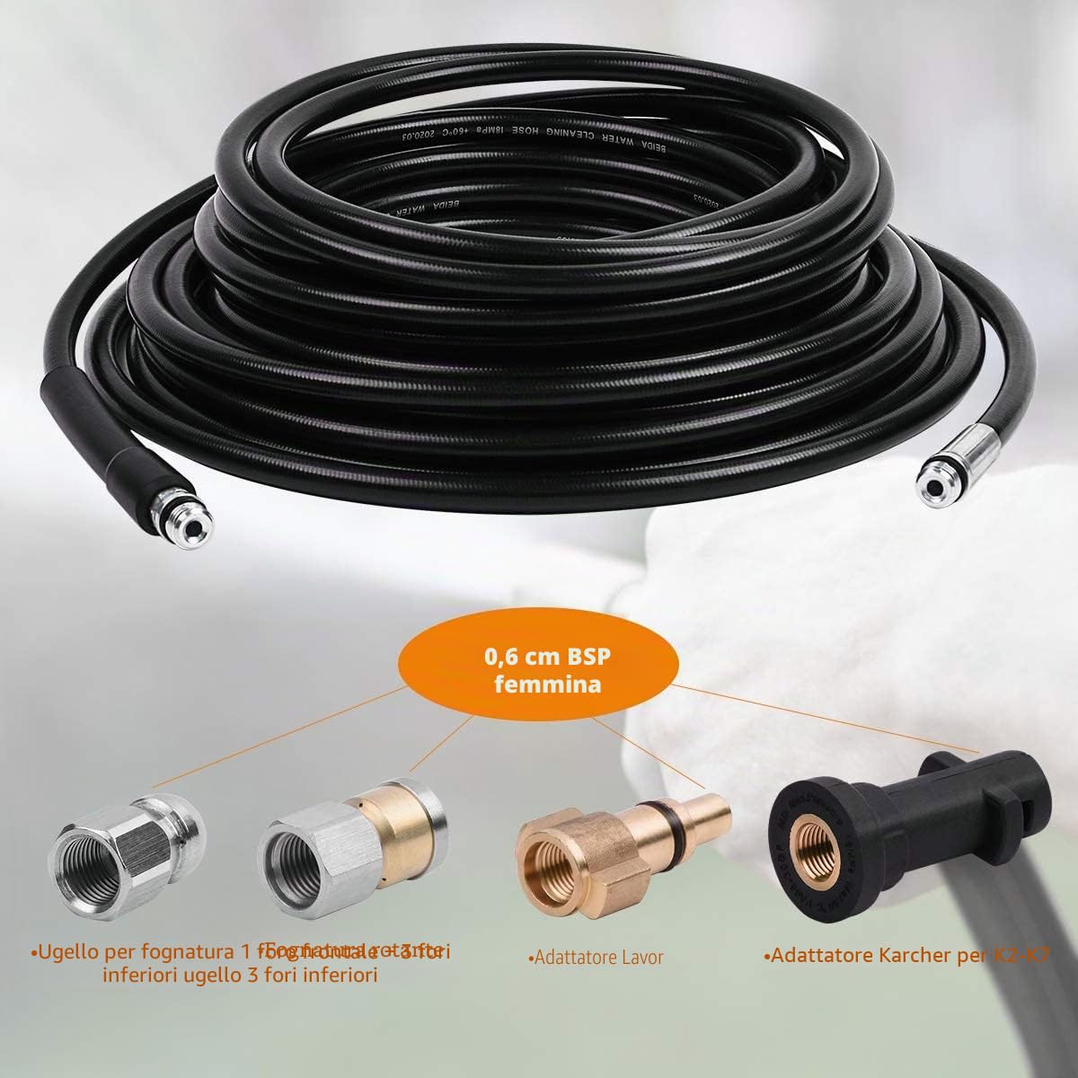 Fai Top 15 m tubo di pulizia tubo, kit di pulizia del tubo di scarico del pulitore ad alta pressione con ugello a getto e ugello a getto rotante per Karcher K2-K7 serie e lavor
