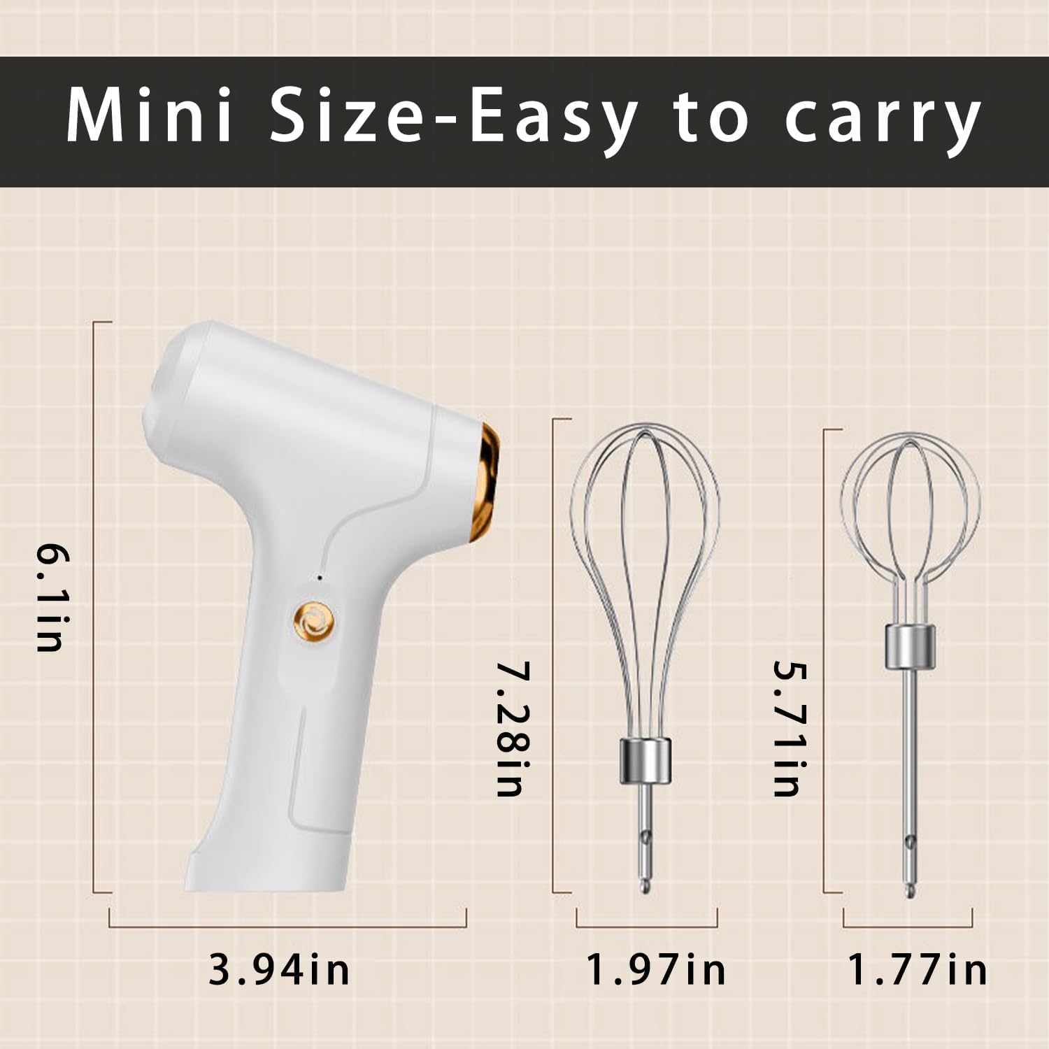 Electric Hand Mixer Mini Turbo Mixer Electric Handheld, Cordless Hand Mixer, Cordless Kitchen Blender with 2 Stainless Steel Accessories for Cookies, Brownie, Whipping, Cakes, Dough Batters, White