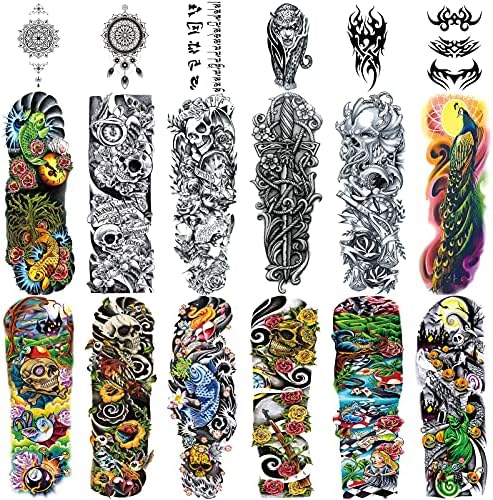 Full Arm Temporary Tattoo (18 Sheets), Konsait Extra Temporary Sleeve Tattoo Black Waterproof Tattoo Body Stickers for Man Women