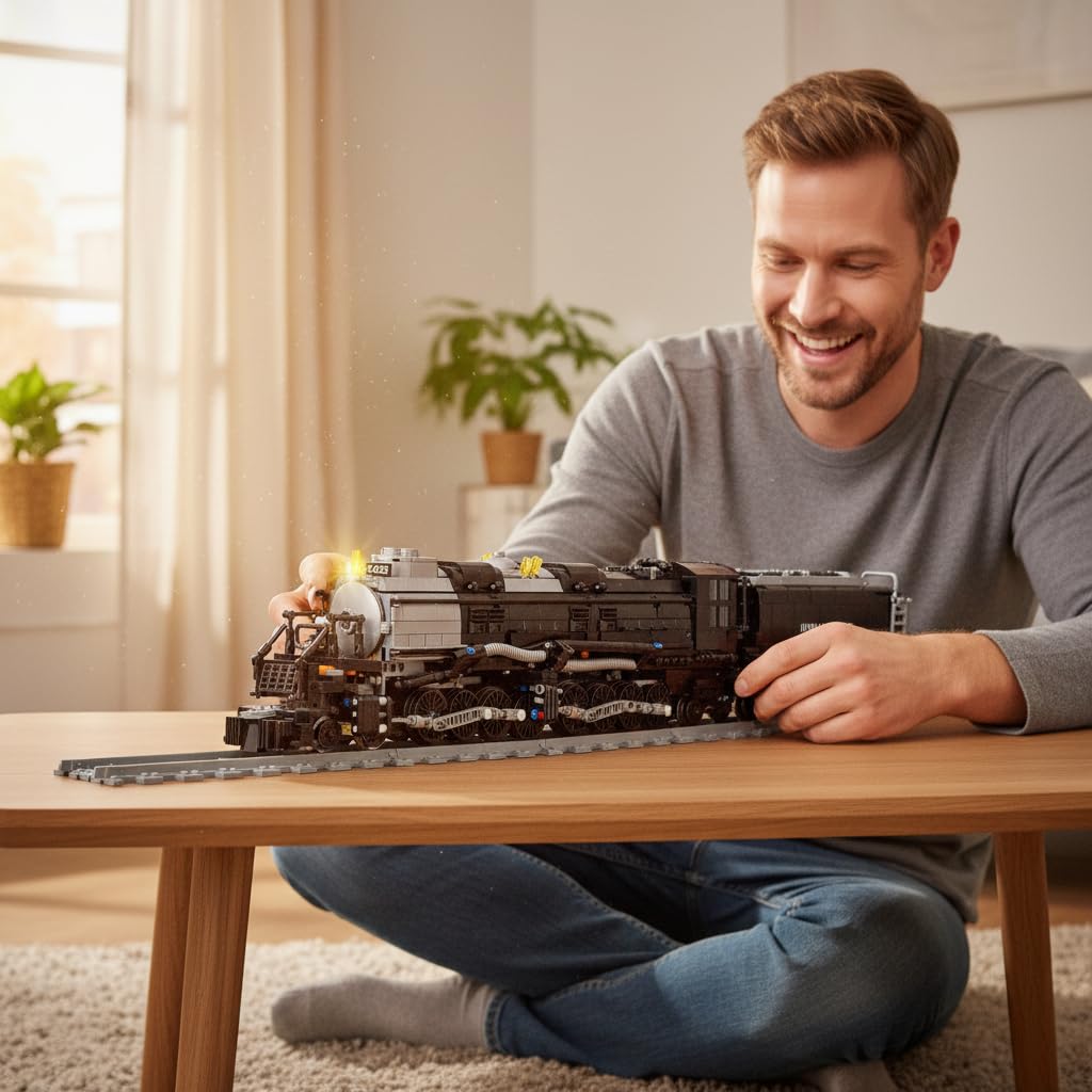 Technik Big Boy Zug Eisenbahn Bausteine,Modell, 1608 Klemmbausteine Dampflokomotive Modell Bauset,City Güterzug mit Schiene Bausatz Display Bausatz zum Verschenken, Kompatibel mit Großen Marken