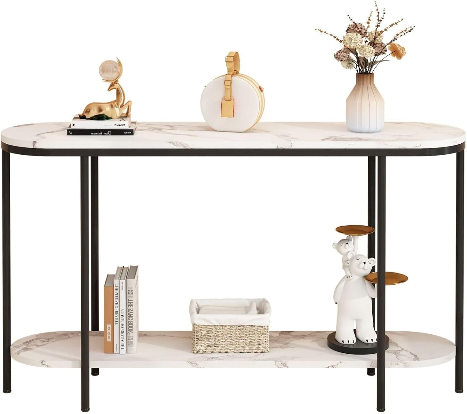Karl home 2-Tier Console Table for Entryway, Entryway Table with Storage Shelves White Round Marbled Tabletop Gold Metal Frame, Modern Behind Couch Table for Living Room Hallway Entrance Foyer,42 Inch