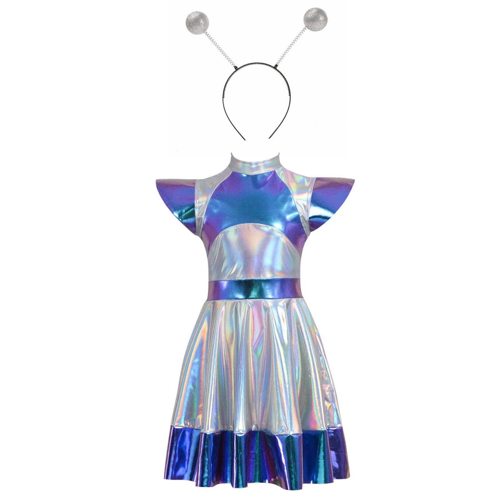 Flodxo Girl Fancy Dress Costume Alien Cosplay Metallic A-Line Dress with Alien Hiar Hoop Robot Dress Up Outfits Casual Funny Novelty Party Performance Kids Dresses White 3-4Y