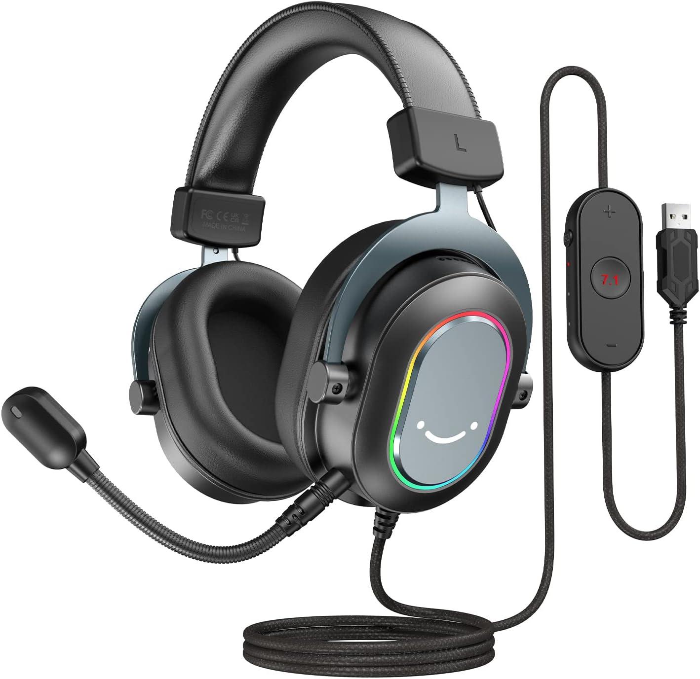 Gaming Headset with Microphone, Over Ear Headphones with Cable, USB Headset for PC PS4 PS5, RGB Headphone with 3 EQ Modes, Surround Sound and Ear Pads