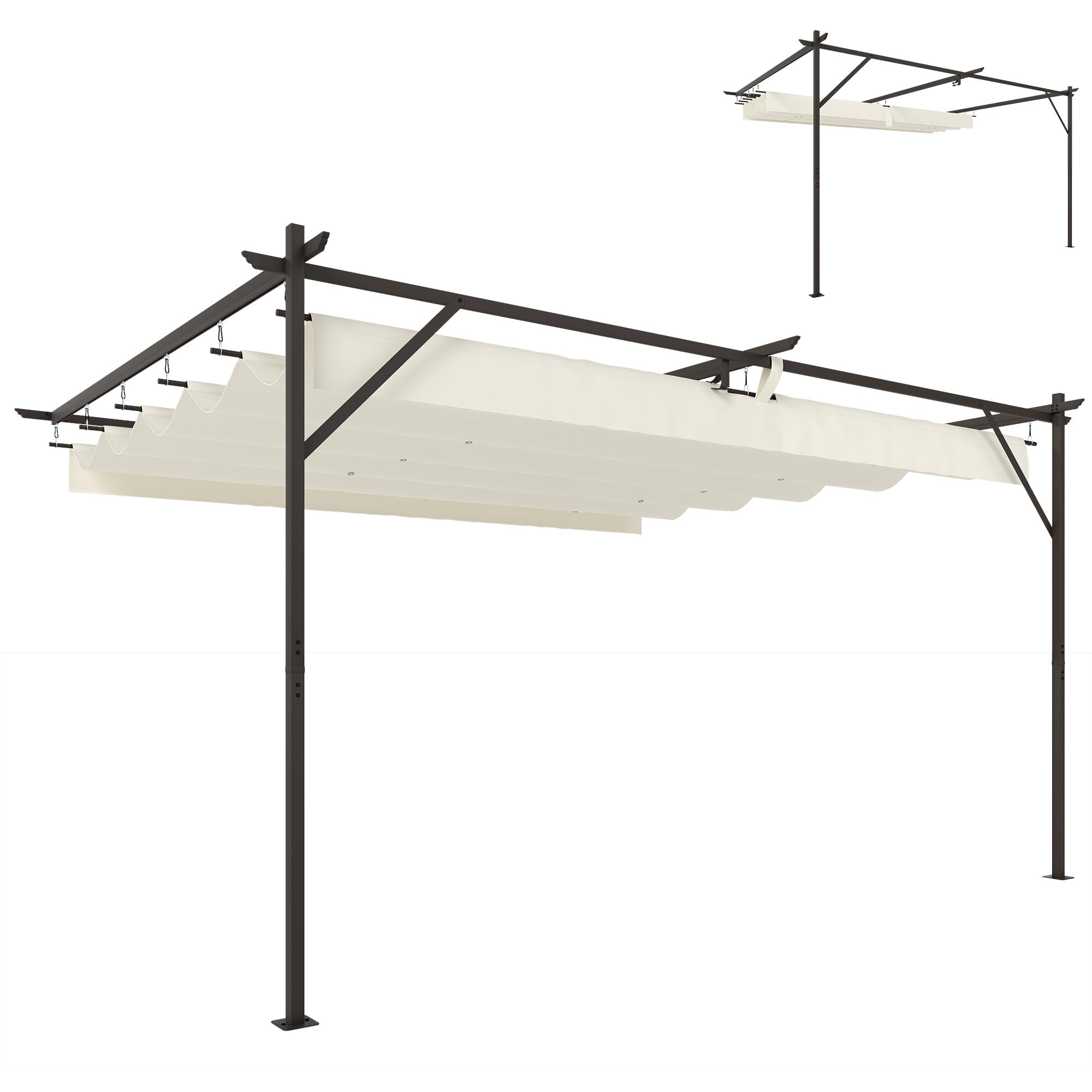 Outsunny Pérgola de Pared de Jardín 4x3 m, Cenador de Jardín con Techo Retráctil, Protección UPF30+, Orificios de Drenaje y Estructura Metálica, Pabellón para Patio, Terraza, Exterior, Blanco Crema - 1