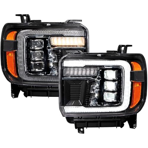 Sequential LED Projector Headlights with White DRL compatible with GMC Sierra 1500/2500/3500 2014-2018 (pair)