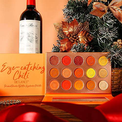 De'lanci Orange Eyeshadow Palette Fall Makeup Matte Shimmer Pressed Glitter Eye Shadow 15 Warm Color Shadows Sunset Makeup Palette Nature Tone Eye-Catching Chili Pallete #TOP1