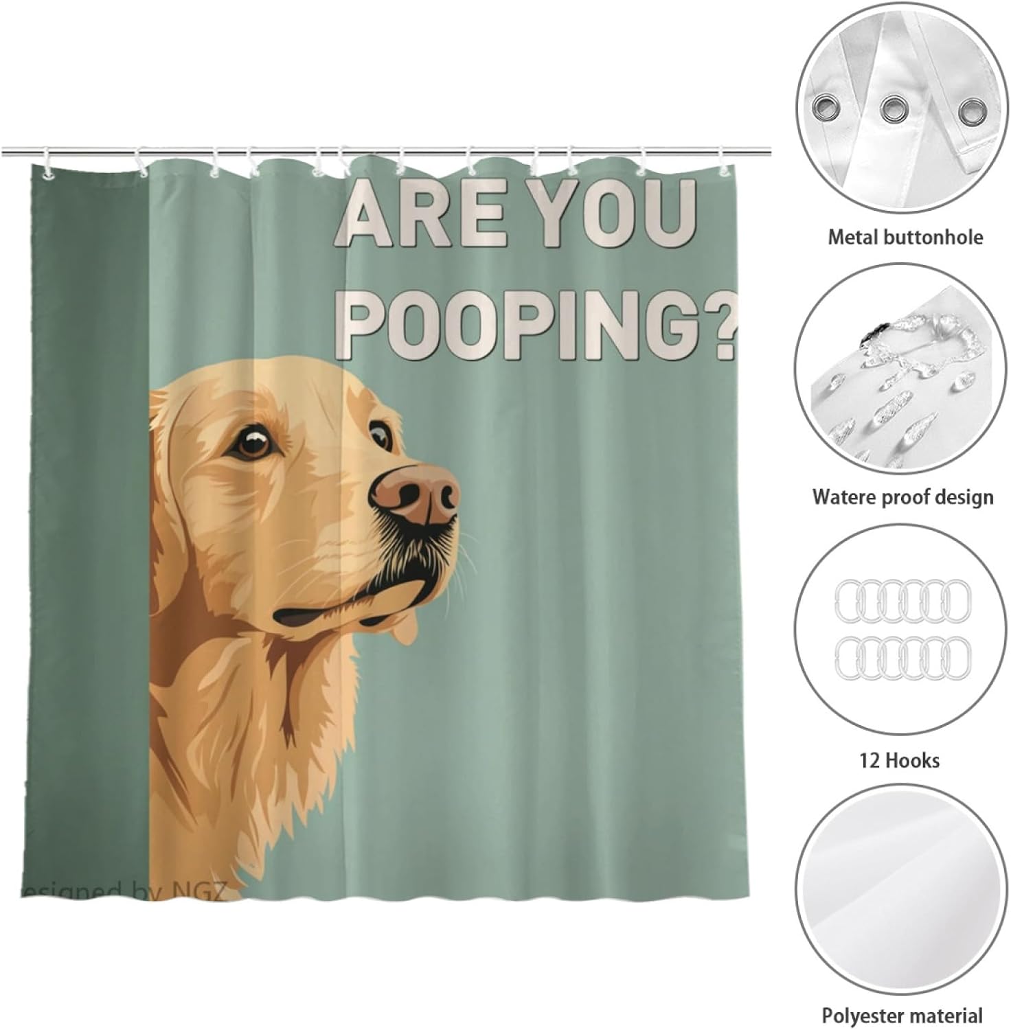 NGZ are You Pooping Golden Retriever Shower Curatin, Funny Golden Retriever Shower Curtain, Green Shower Curtain Set with 12 Hooks for Bathroom Decor, 72x72