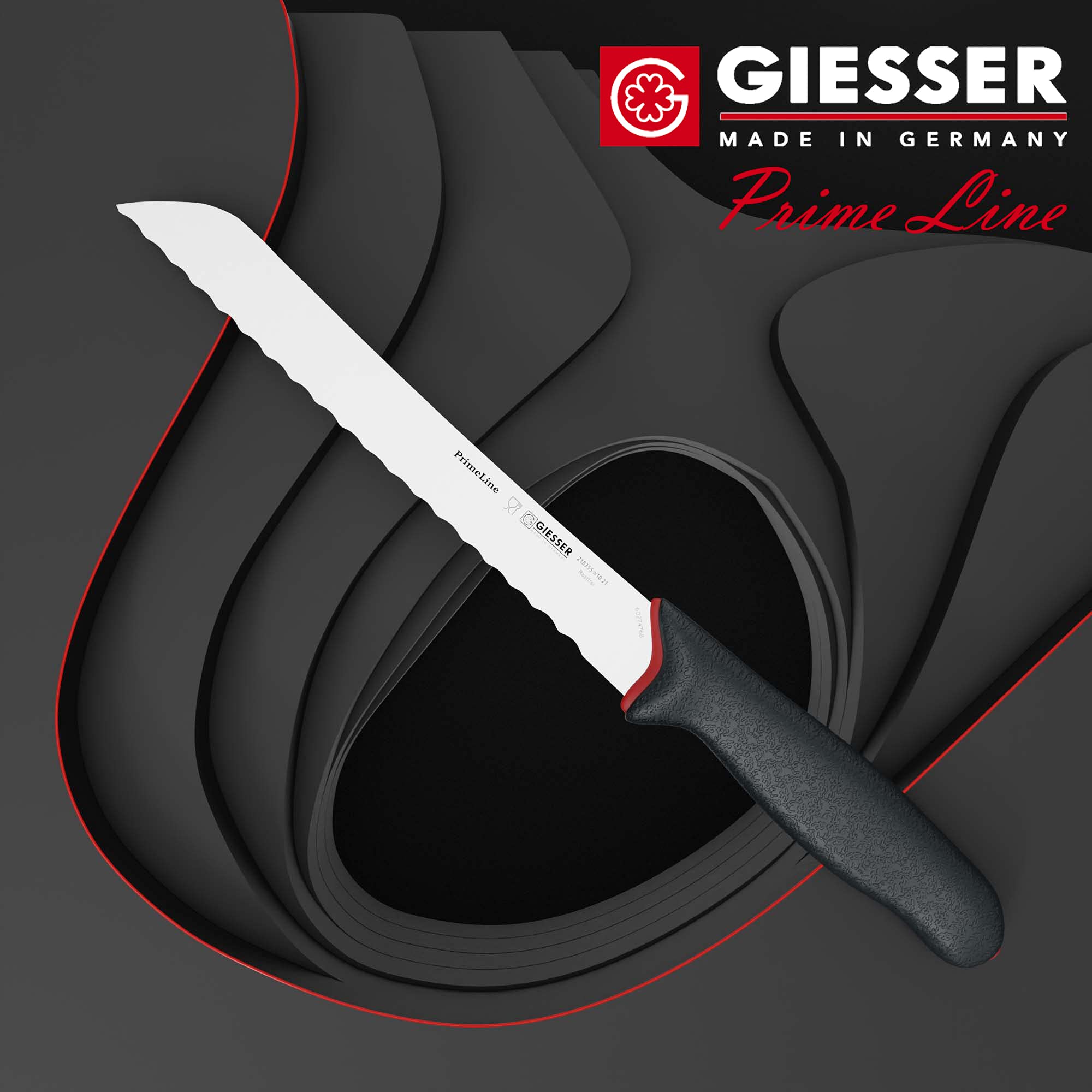 Giesser depuis 1776 - fabriqué en Allemagne - couteau à pain tranchant antidérapant PrimeLine, lame dentelée de 21 cm, noir, inoxydable, lavable au lave-vaisselle 218355 w10 21