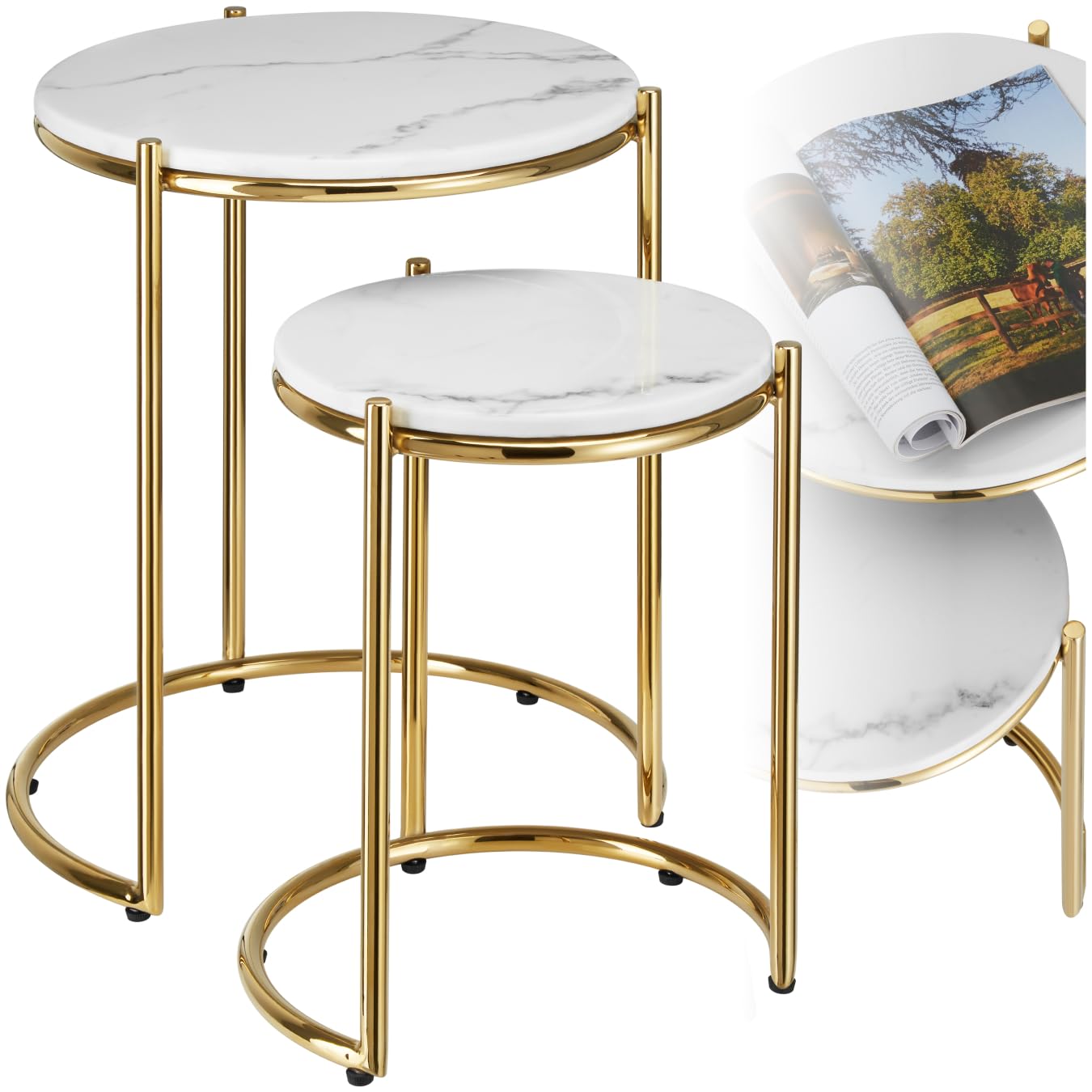 tectake® Set di 2 tavolini salotto in marmo, base in metallo, tavolino da caffè, tavolo basso rotondo, tavolino basso in marmo moderno per salotto, soggiorno,metallo, tavolo da balcone - Bianco/Oro