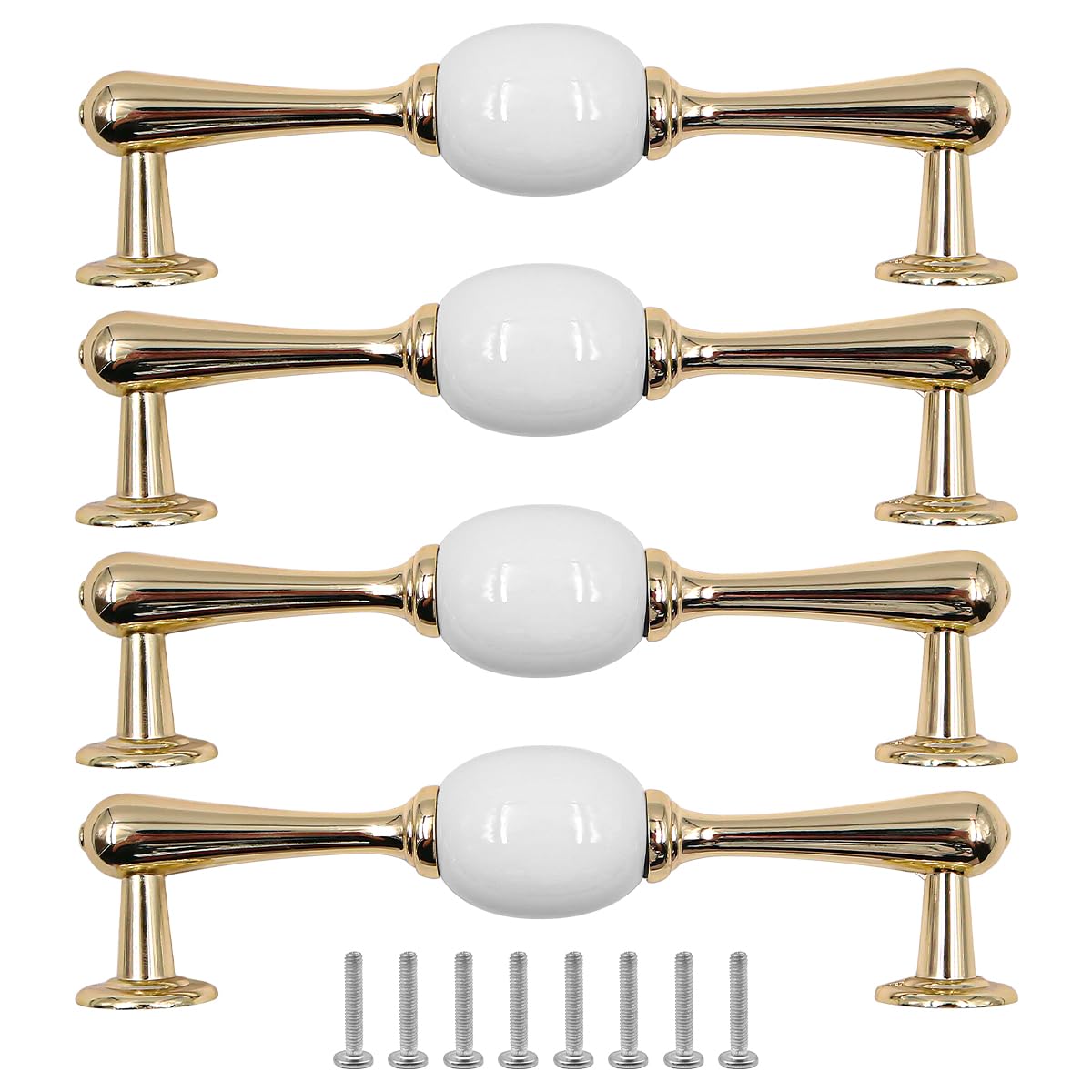 ZONADAH Set of 4 Cabinet Ceramics & Gold Plated Handles, Hole Distance 128mm, White Ceramics Cabinet Pull Handles
