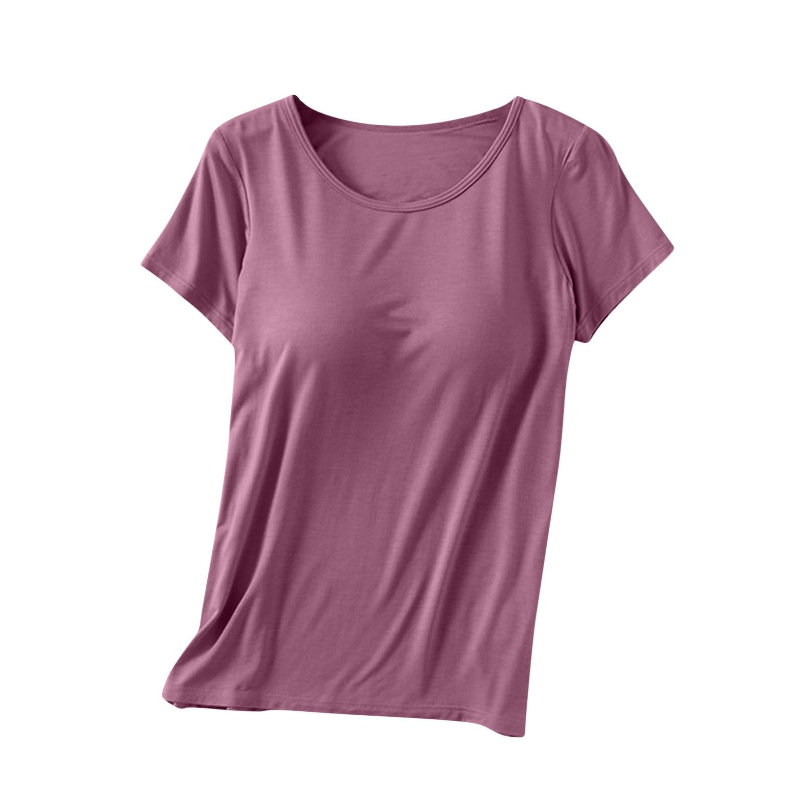 Womens Shirts with Built in Bra Short Sleeve Shirts Summer Casual Athletic Workout Yoga Shelf Bra Padded T Shirts Tops — view 26