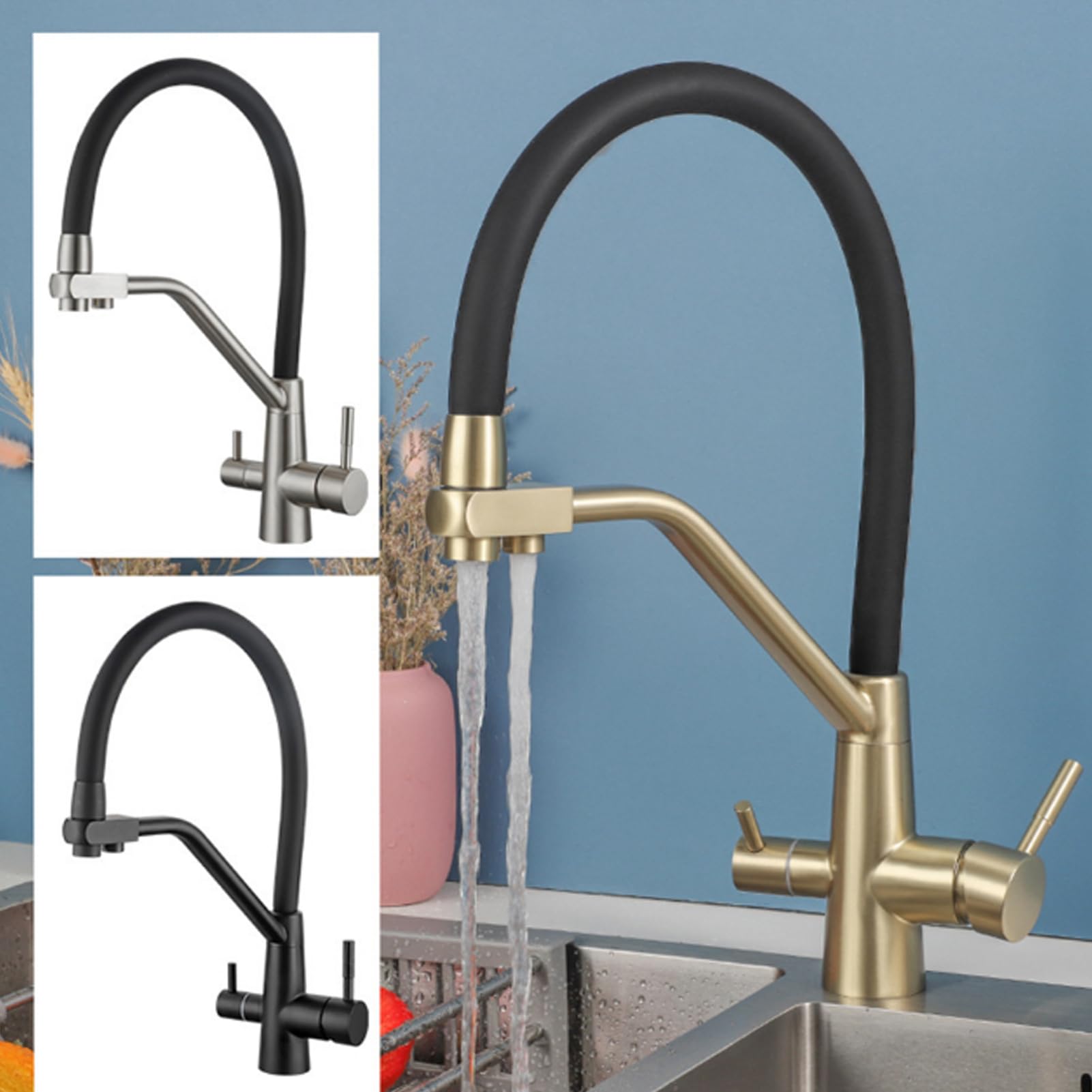 Grifo de Cocina 3 Vías Grifo de Fregadero 3 en 1 Grifo Cocina Extraible Acero Inoxidable 360° Giratorio,para Filtro de Agua,con Dos Asas Filtro (Brushed Gold)