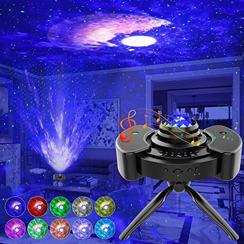 Sternenhimmel Projektor, LED Projektor Lampe mit Stereo Lautsprecher, 4 in 1 Galaxy Light mit Voice Kontrolle 14 Farben 4 Helligkeit Starry Mond Wasserwellen, Unterstützung Bluetooth USB