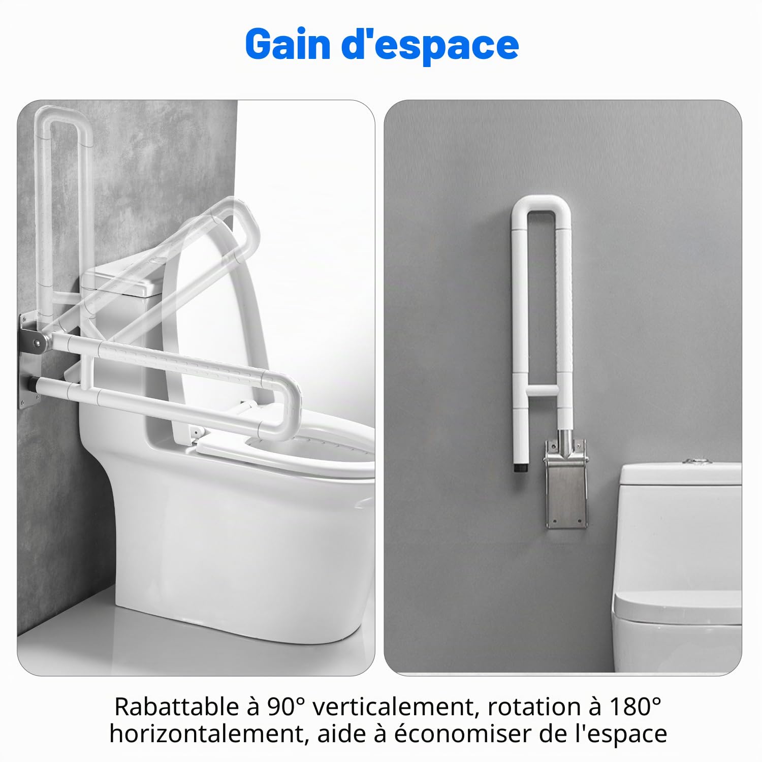 Barre de Maintien Douche, 60cm Pliable Blanc en Acier Inoxydable | Poignée de Sécurité Toilette Adaptée aux Handicapés et Seniors, Supporte jusqu'à 300kg
