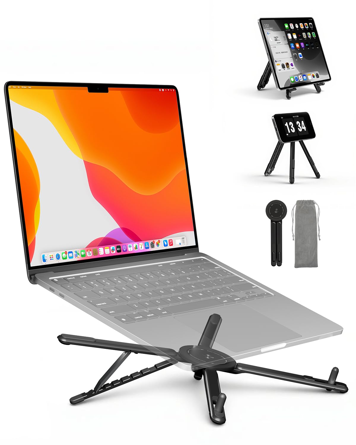 Adjustable Laptop Stand 3-in-1 Magnetic Foldable Stand for Laptop Tablet Phone Portable Aluminum Laptop Riser with Multi-Angle Support