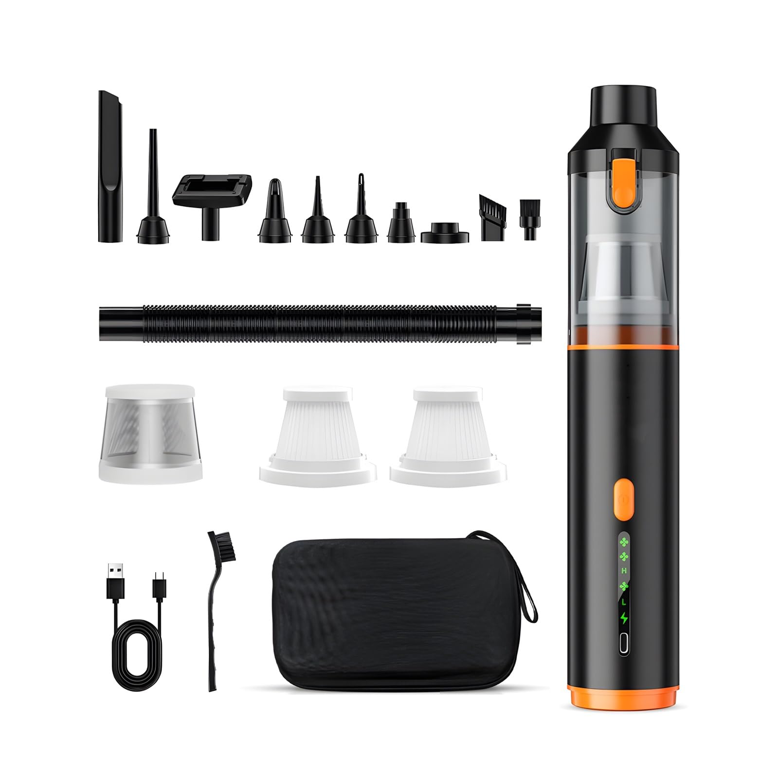 Nikou Aspirabriciole Senza Fili, Mini Aspirapolvere Portatile Auto 19000PA | 4 in 1 Ricaricabile Aspirapolvere Potente, Aspiratore e Soffiatore, 3 Velocità, per Casa Auto Peli di Domestici Scrivania PC