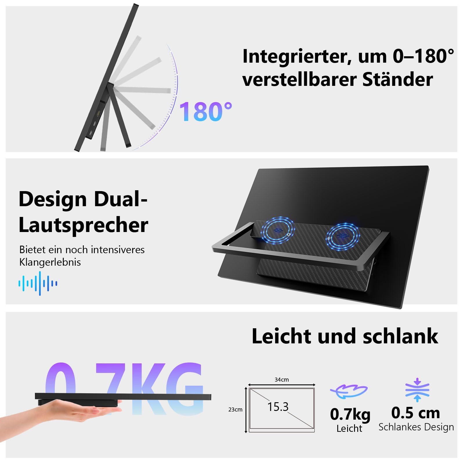 15,3 Zoll 10-Punkt Touchscreen Monitor, Tragbarer Homeoffice Zweitbildschirm IPS 1920x1200, Stereolautsprecher, USB-C EIN-Kabel u. HDMI für Laptop Smartphone Switch, Augenschutz