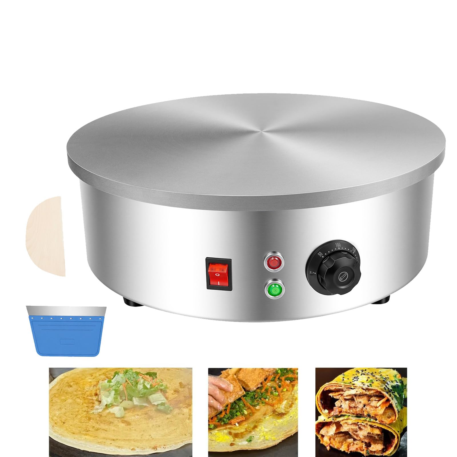 45cm Runder Platte Crêpes Maker Crepeseisen,3000W elektrischer Crêpes Maschine Antihaftbeschichteter Flache Crepesplatte Cerealien-Pfannkuchenherd, Temperaturregelung 50°-300°C