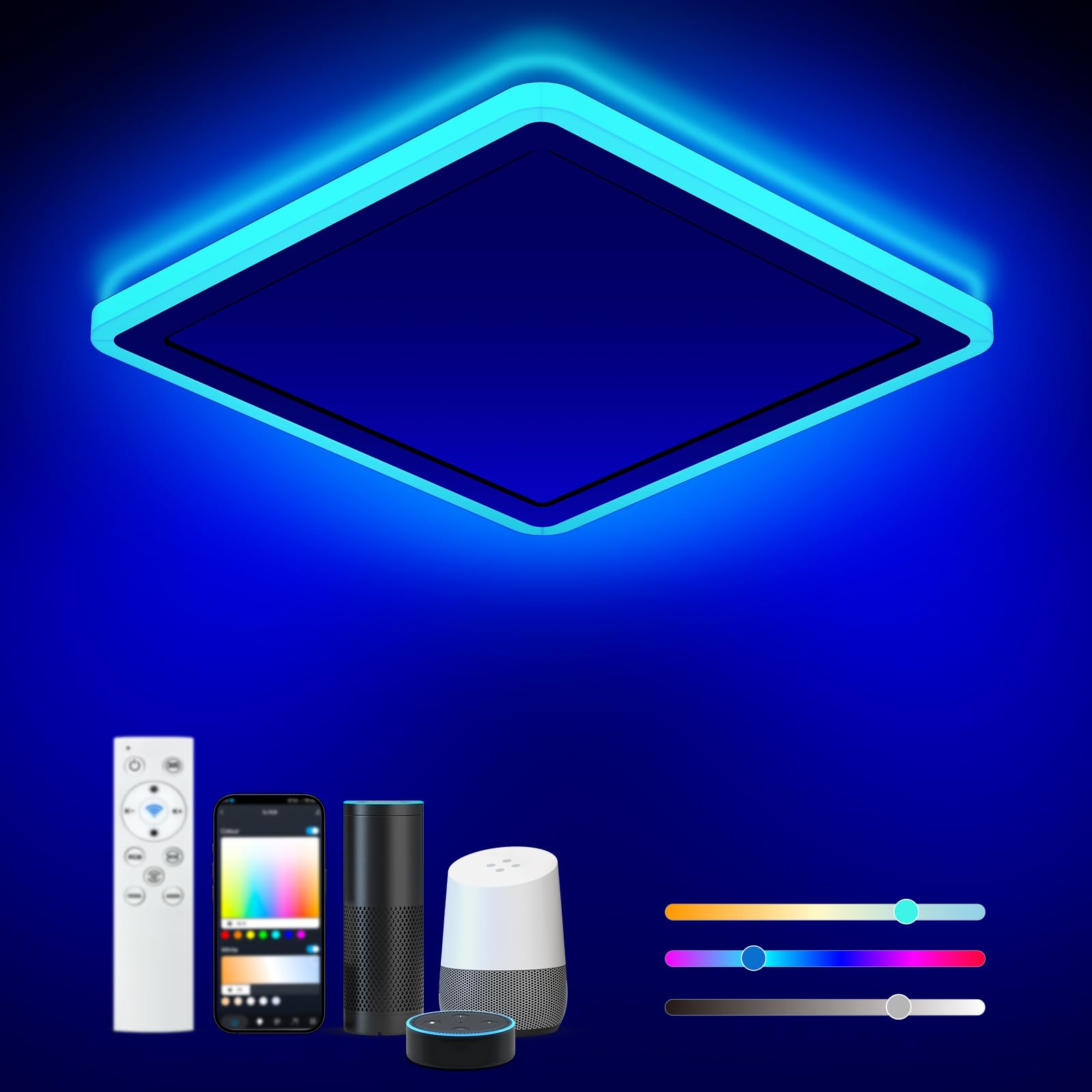 Annaror Lámpara de techo LED inteligente WiFi, 33 cm RGB empotrada con control remoto, compatible con Alexa Google Home, lámpara de techo de perfil bajo para dormitorio, cocina, cuadrado blanco