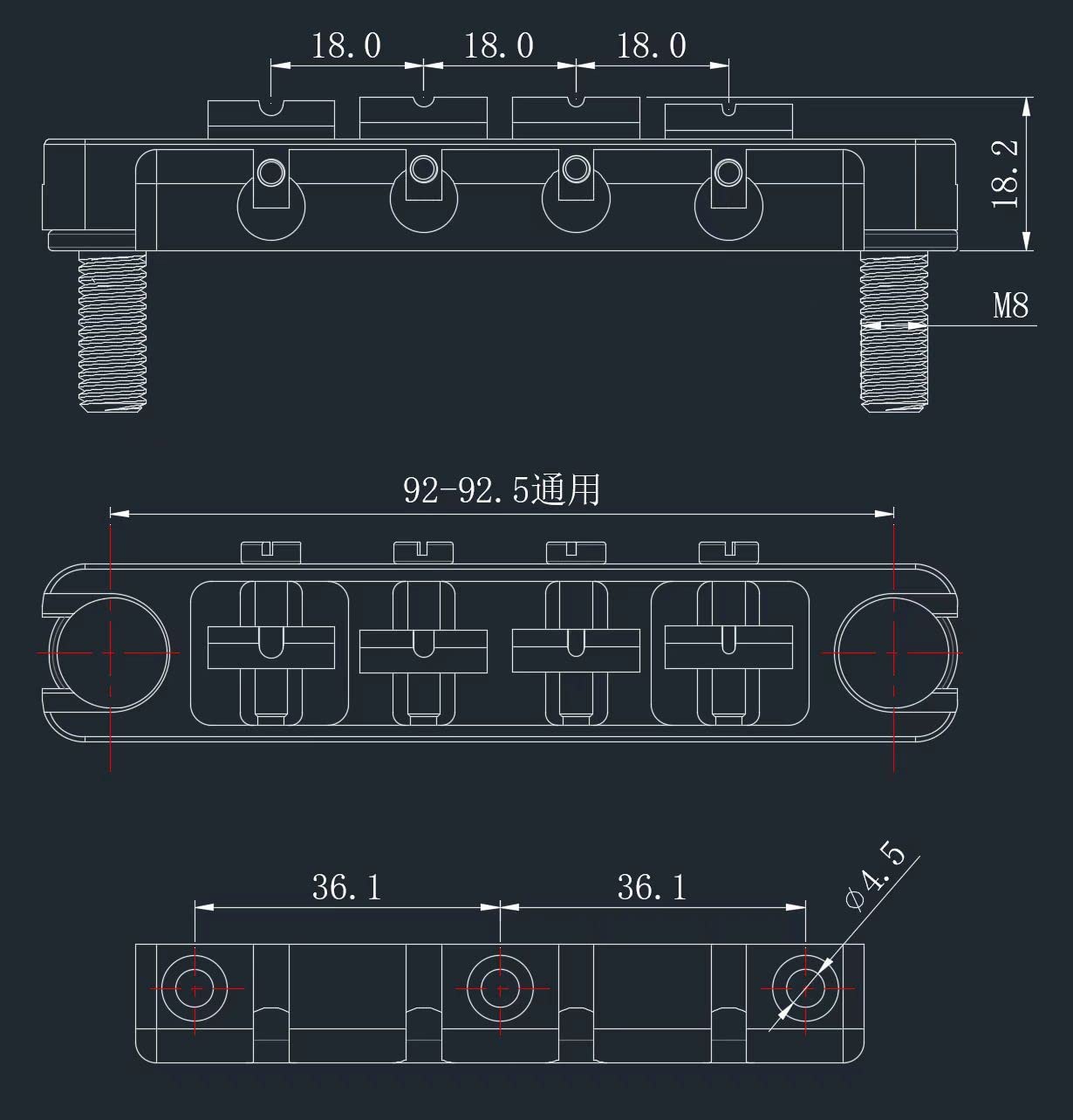 Guyker 4-saitiger High Mass Bass Bridge mit Vintage Steel Stop Bar Saitenhalter CNC-gefräst, schwarz