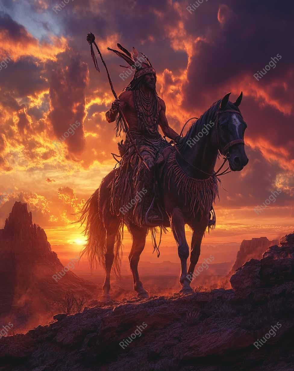 1000 Piece Jigsaw Puzzle for Adults Vintage Native American Warrior on Horseback at Sunset Sunset Landscape, Southwestern American Art Challenging and Fun Puzzle Game Puzzle Family Game Night Gift