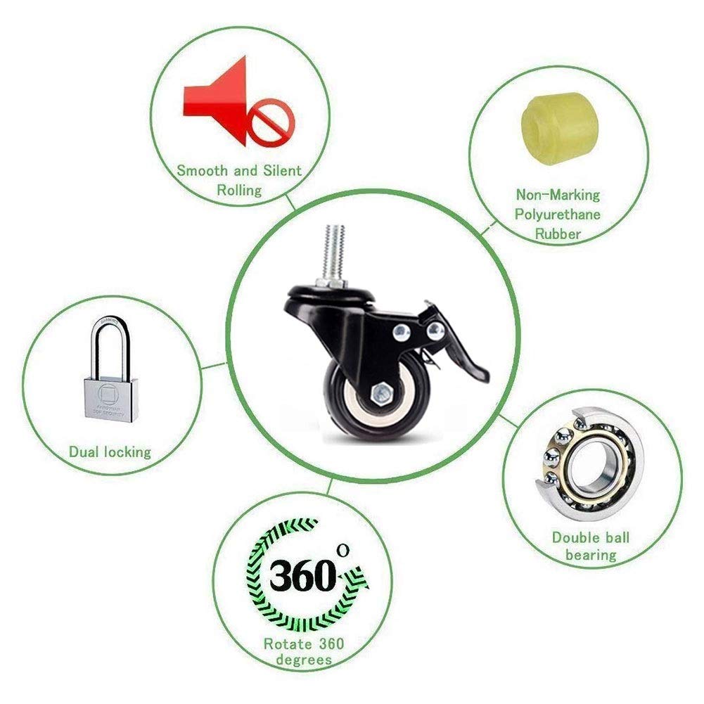 Lot de 4 Roues Castor Heavy Duty 180KG 50 mm PU en Caoutchouc pivotant Chariot Meubles Caster avec Freins Noir - 10 mm Vis (Color : 2 with Brakes 2 Non Brakes)