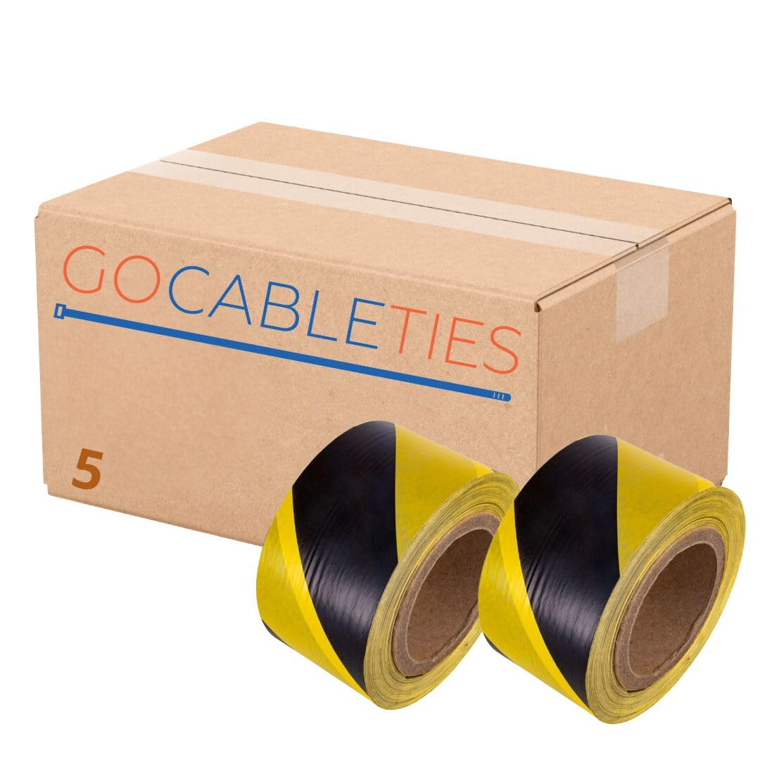 Gocableties Black/Yellow - 70mm x 500m Barrier Tape, Box of 5 - Non Adhesive Warning Box, Caution Tape,Plastic Barrier Cordon Off Tape