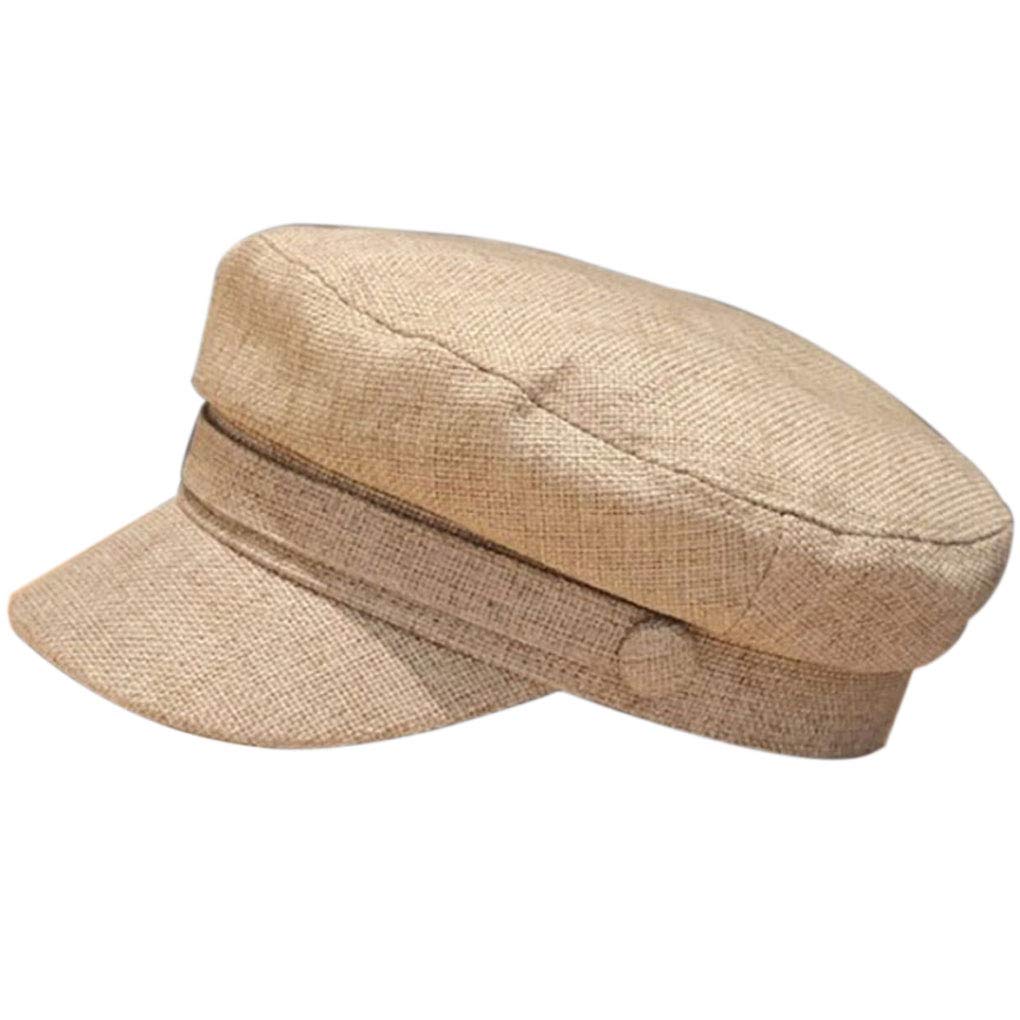 KBOLAE Cotton Linen Sailor Captain Caps Retro Breton Beret Cap Flat Top Newsboy Fisherman Hat Unisex, khaki, Style 2