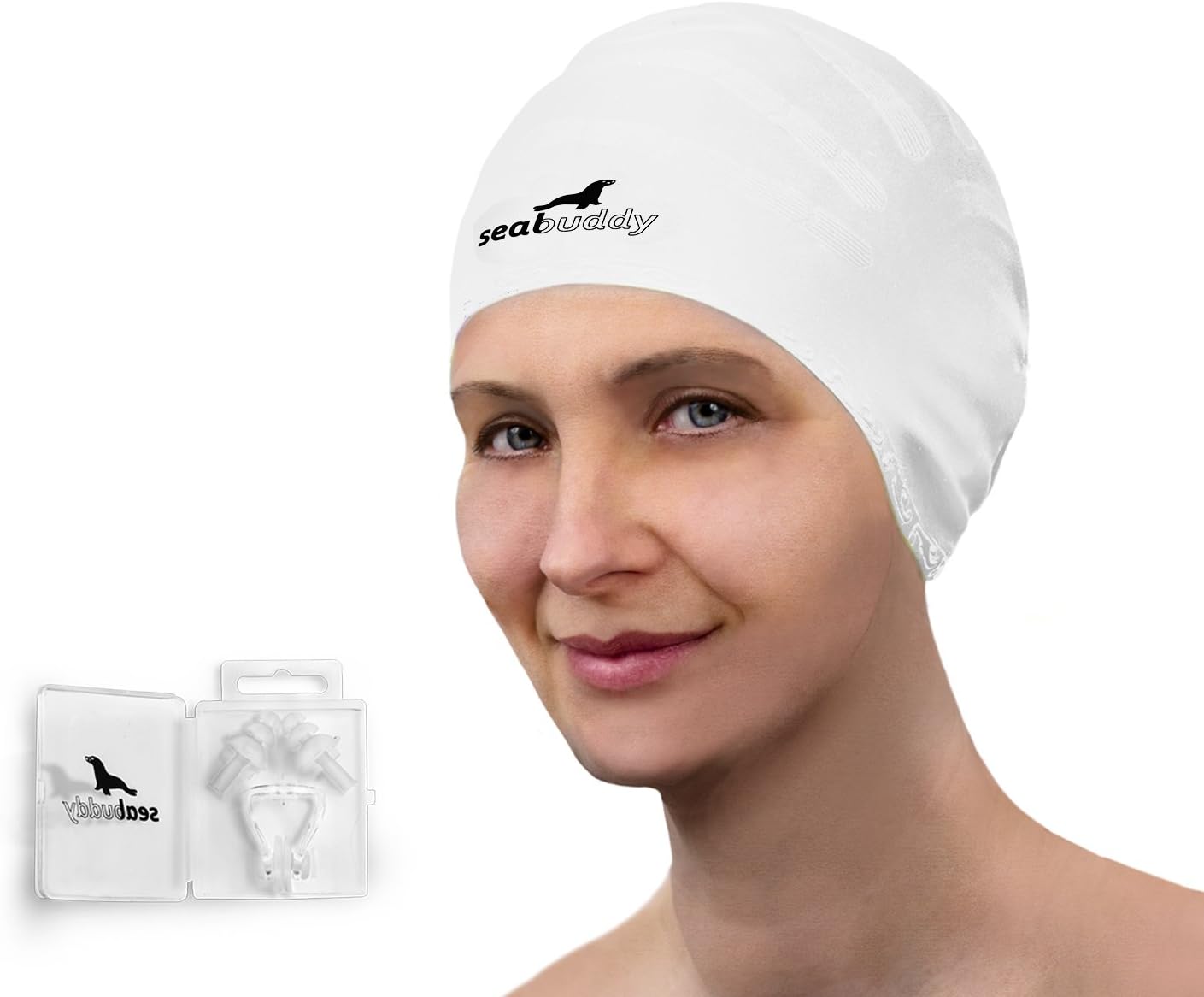SealBuddy Silicone Swim Cap, Nose Clip and Ear Plugs Combo Set (White)