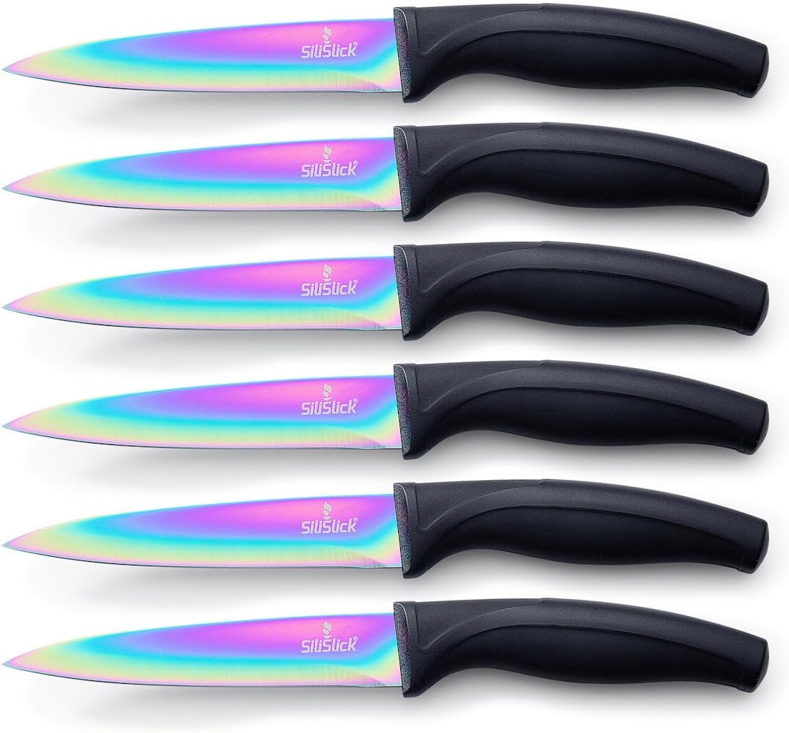 SiliSlick Stainless Steel Steak Knife Set with Titanium Coated Rainbow Iridescent Kitchen Knives and Straight Edge