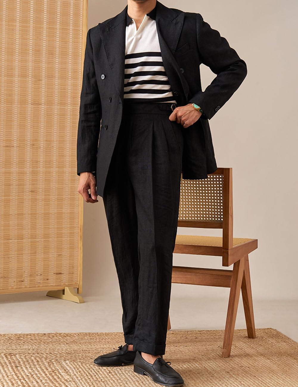 Men's Medium Linen Pants Casual High Waist Adjustable Pants Summer Beach Lightweight Pants Italian Style